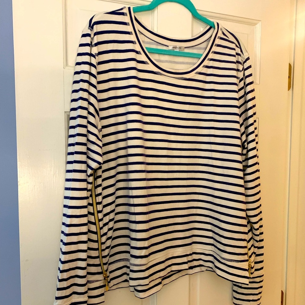 Stella & Dot blue striped sweatshirt with gold zipper detail